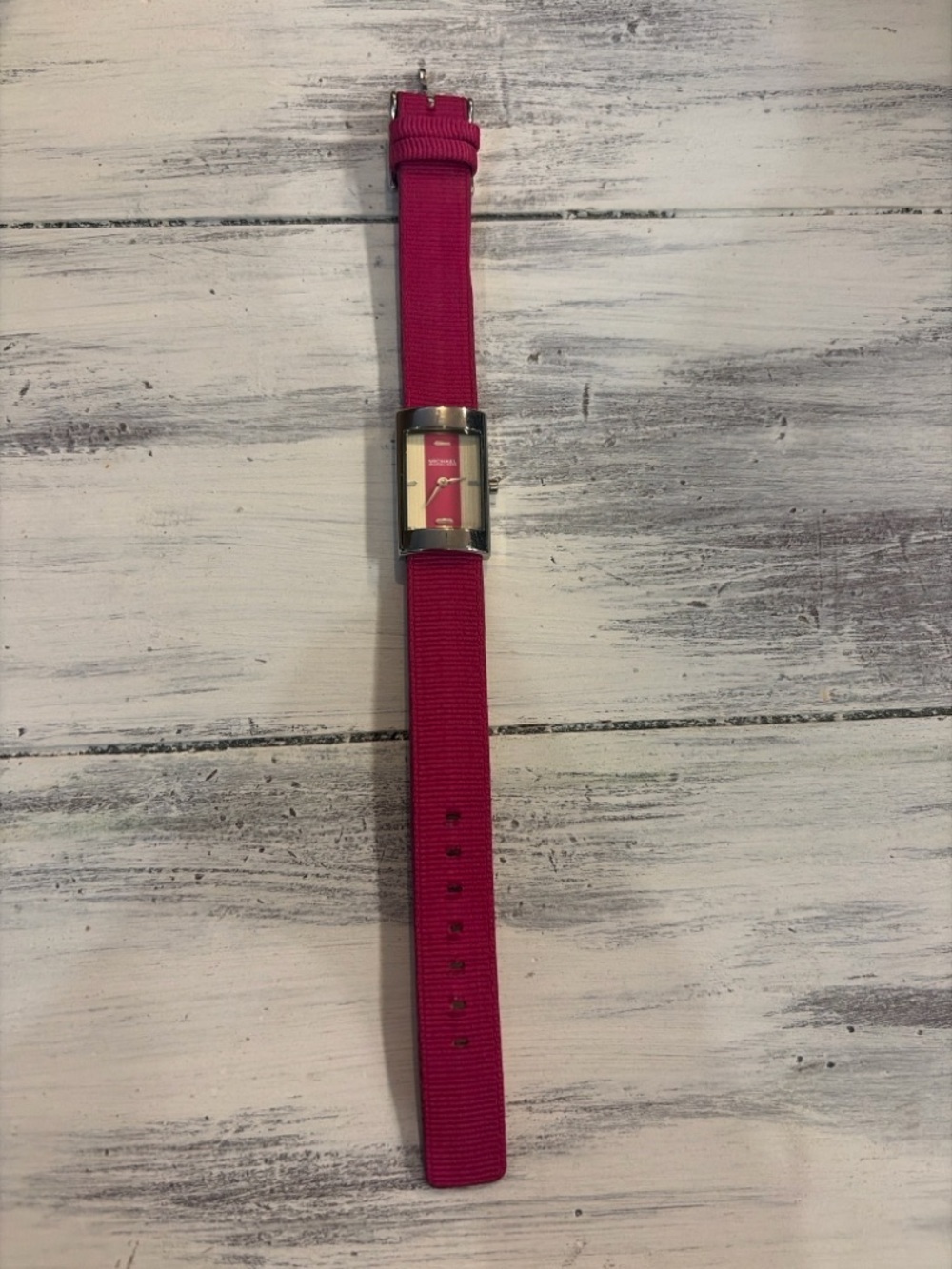 Michael Kors Rectangular Watch Pink Dial Silver Tone Case Pink Strap Watch